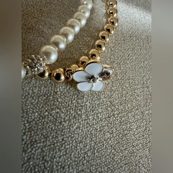 Karl Lagerfeld Faux Pearl & Gold tone 3pc Stretch Charmed Bracelet Set NWT - Picture 5 of 10